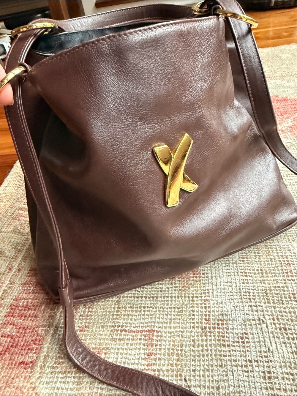 Vintage 90s Paloma Picasso Dark Brown Leather Shoulder Bag with Gold 'X' Accent